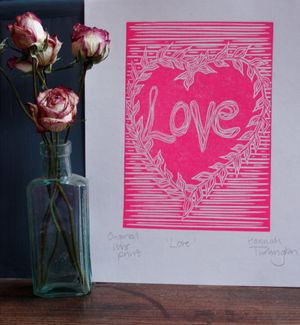 ‘Love’ lino print for Valentine’s Day by printmaker Hannah Turlington